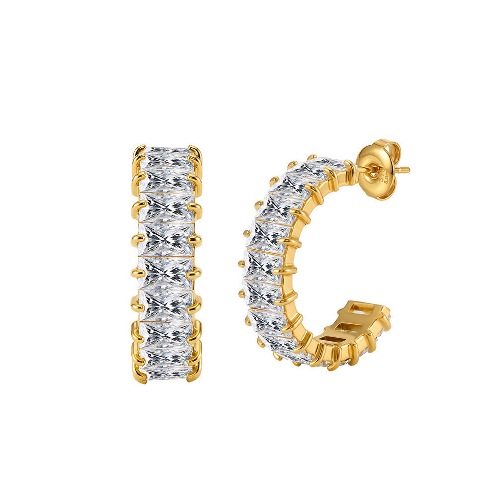 316 Stainless Steel C-shaped Half Hoop Stud Earrings, Full Paved Horizontal Baguette Cut Cubic Zirconia, Prong Setting, Secure Butterfly Backs, Glamour Sparkling Statement Earrings
