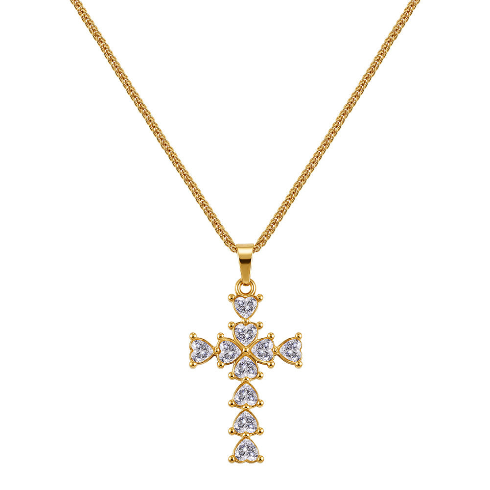 Stainless Steel Heart Cut CZ Cross Pendant Necklace, Sparkling Heart Cubic Zirconia Cross Charm on Thick Wheat Chain