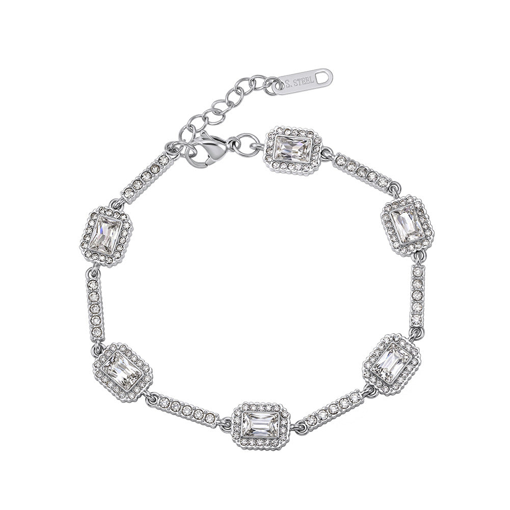 Stainless Steel Emerald Cut CZ Halo Station Bracelet, Rectangular Baguette Halo Zirconia Chain Bracelet