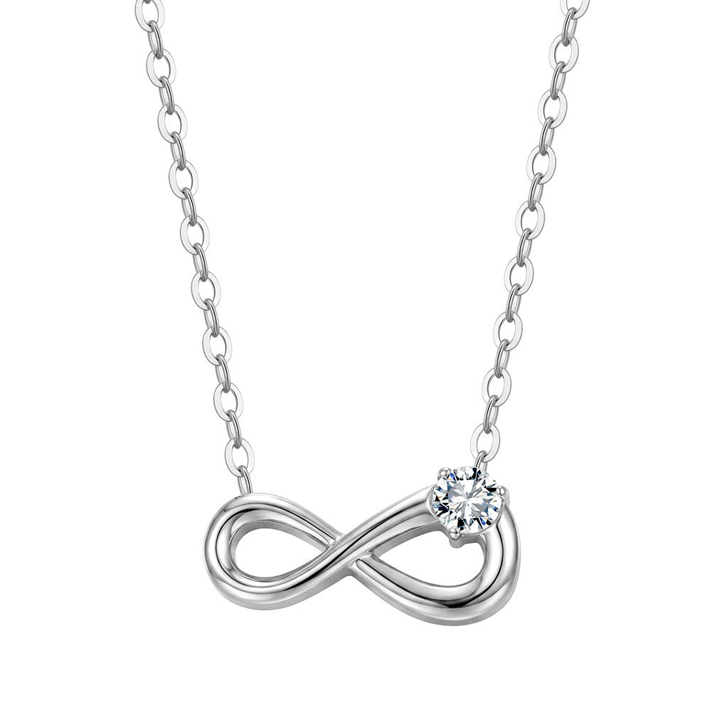 316 Stainless Steel Smooth Polished Infinity Pendant Necklace, Single Round Brilliant CZ Stone Setting, Minimalist Sleek Cable Chain