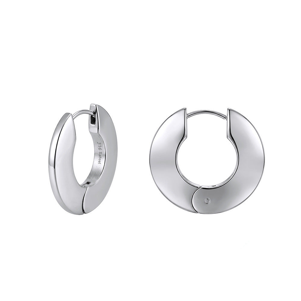 316 Stainless Steel Wide Flat Chunky Huggie Hoop Earrings, Thick Curved Band, Highly Polished Mirror Surface, Hinged Snap Lock, Bold Minimalist C-shaped Hoop Earrings