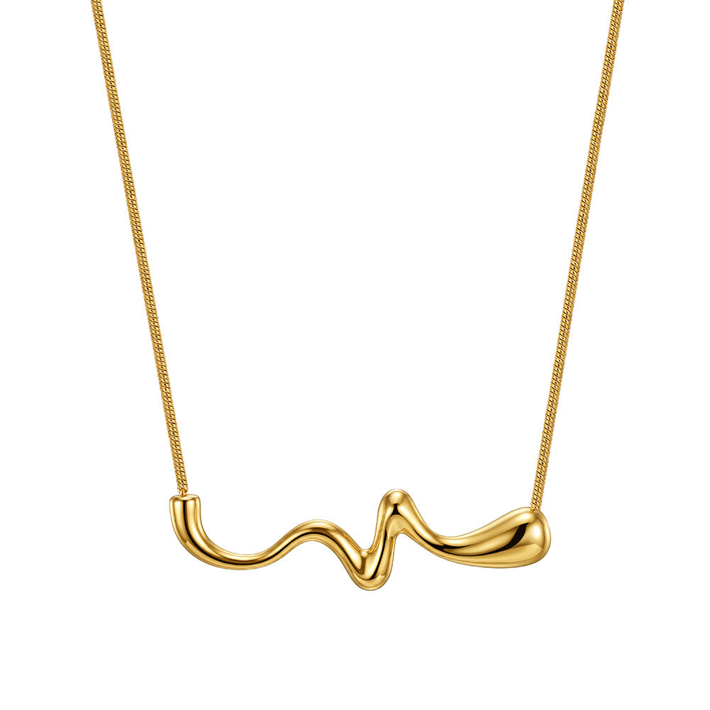 Stainless Steel Wavy Curve Pendant Necklace, Smooth Polished Abstract Wave Shape Bar, Sleek Thin Snake Chain Minimalist Necklace