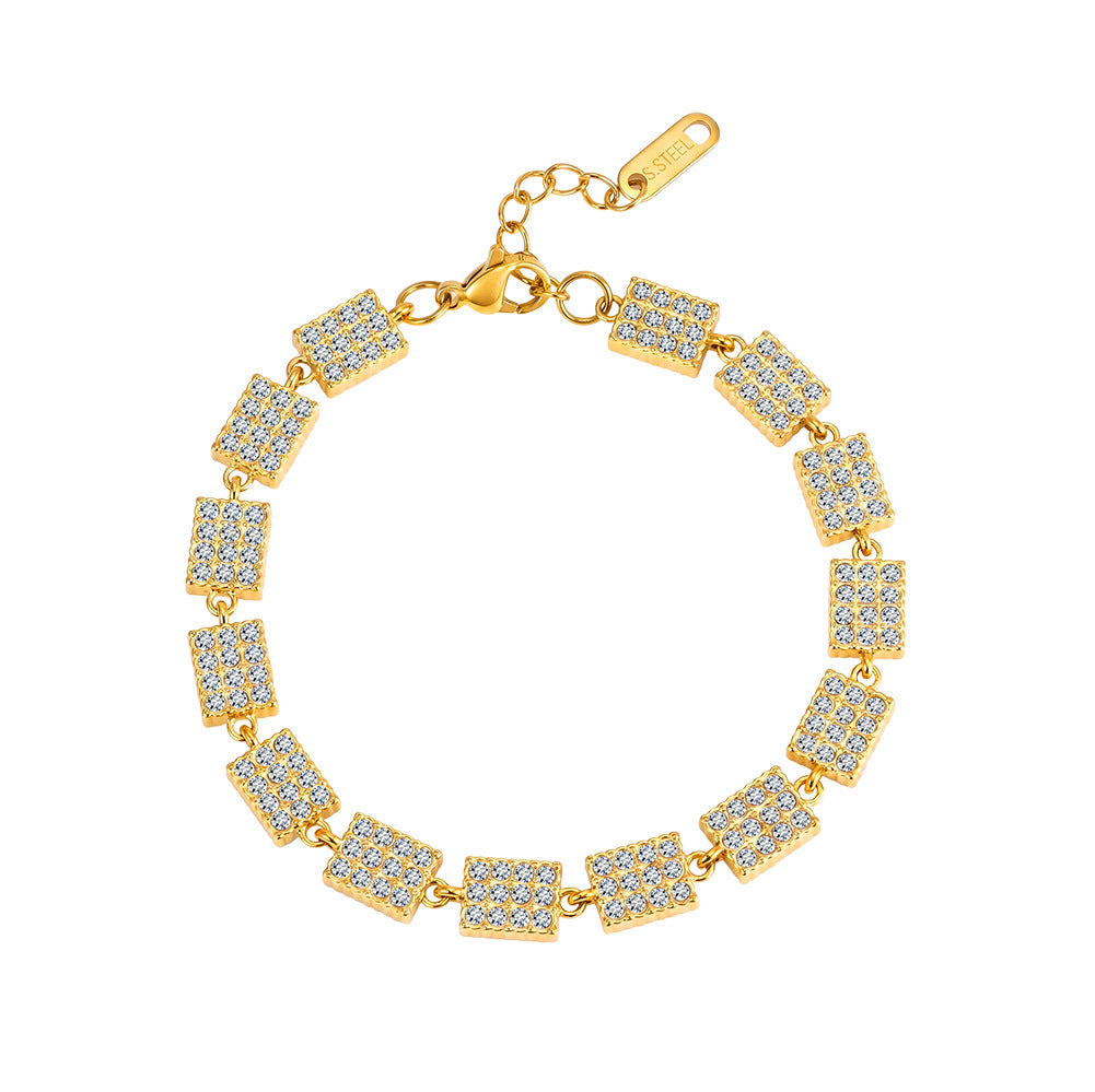 Stainless Steel Pave Square CZ Link Bracelet, Fully Paved Square Clear Cubic Zirconia Adjustable Bracelet