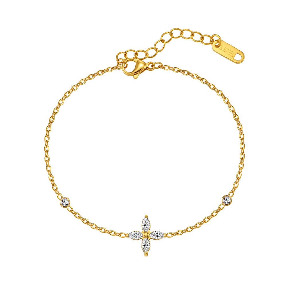 Stainless Steel Pave Four-Point Star CZ Bracelet, Minimalist Thin Chain with Round Zirconia Station Bracelet
