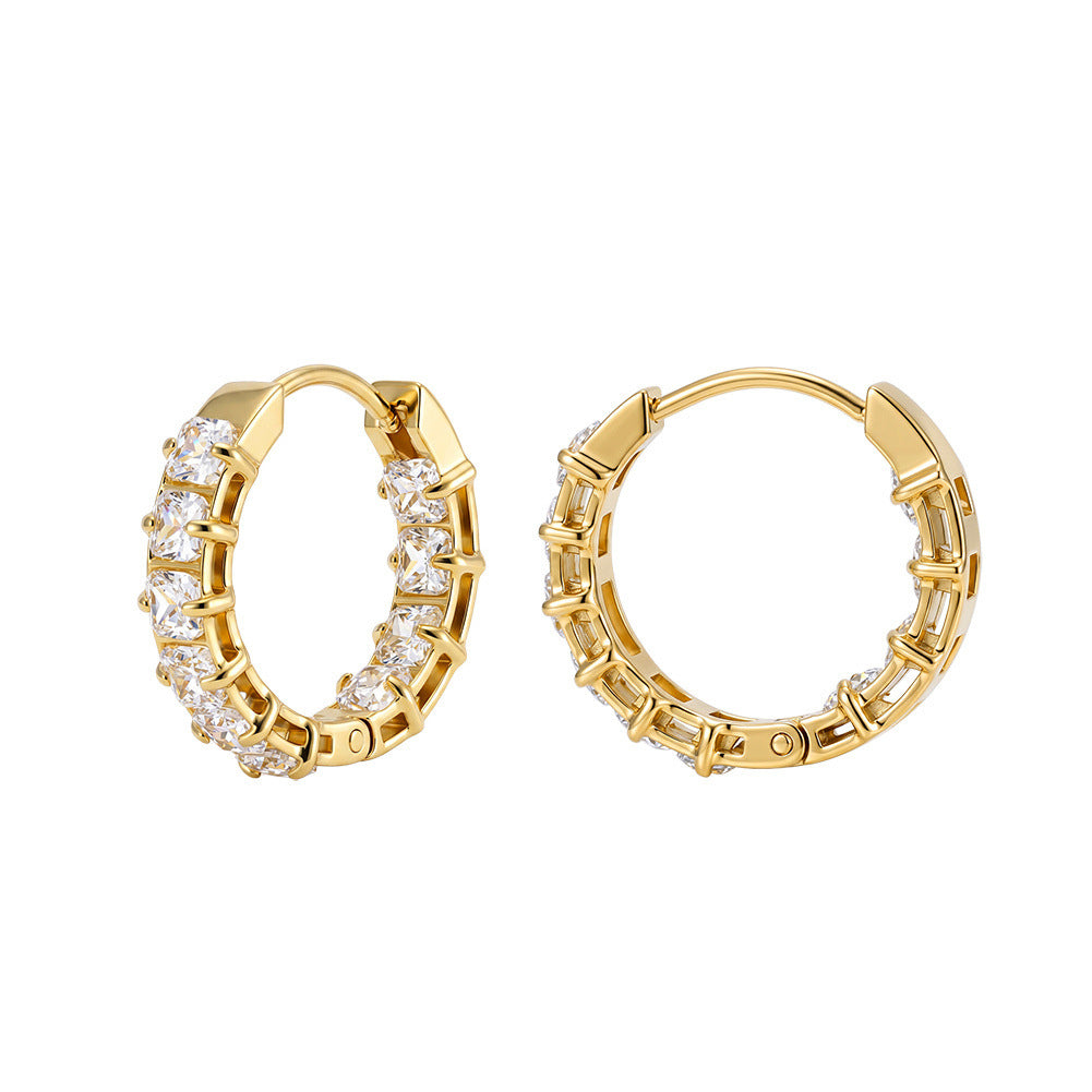 316 Stainless Steel Square Cut CZ Paved Huggie Hoop Earrings, Full Outer Row of Princess Cut Cubic Zirconia, Open Hollow Frame Structure, Hinged Snap Closure, Luxe Sparkling Stackable Hoop Earrings