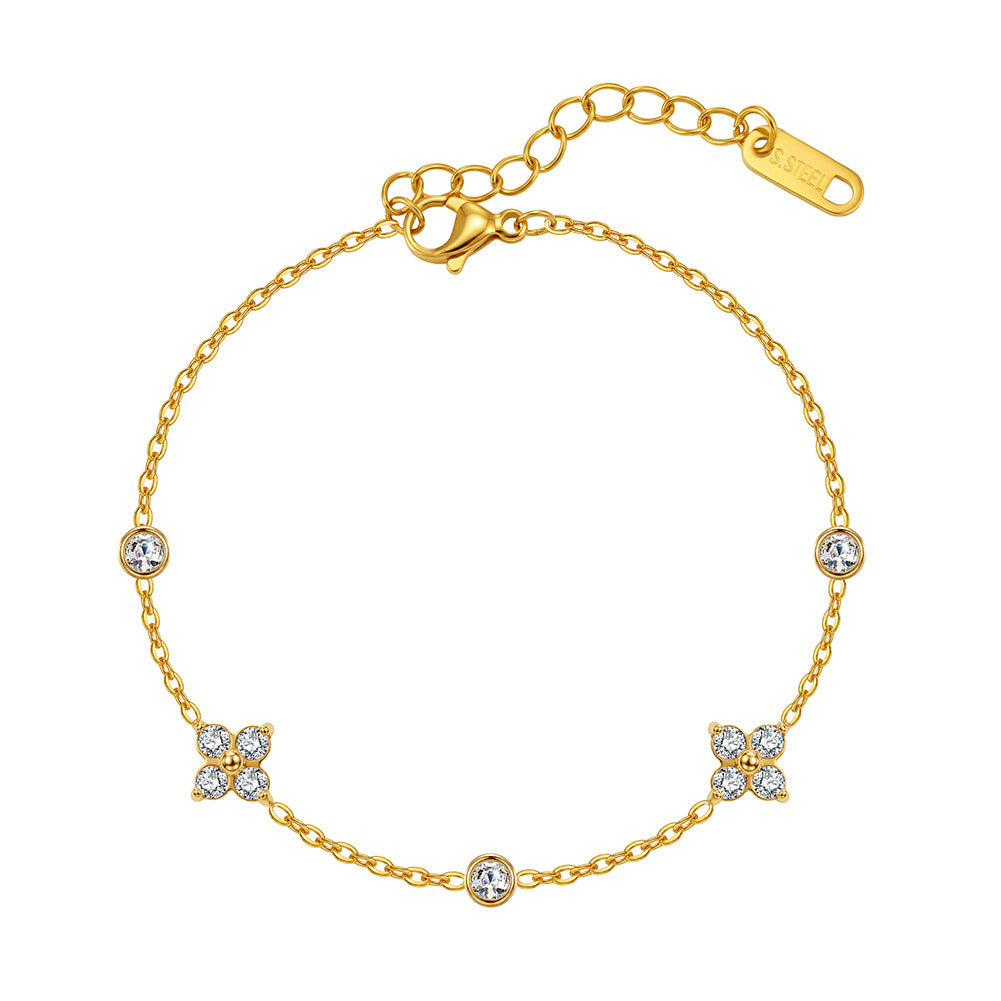 Stainless Steel Dainty Four Leaf Clover CZ Bracelet, Thin Cable Chain with Round Zirconia Accent Bracelet