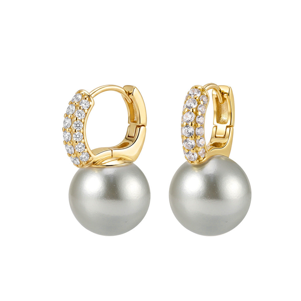 S925 Sterling Silver Huggie Hoop Pearl Earrings, Big Smooth Round Pearl with Bright Silky Luster Dangling from Pave Zircon Hoop