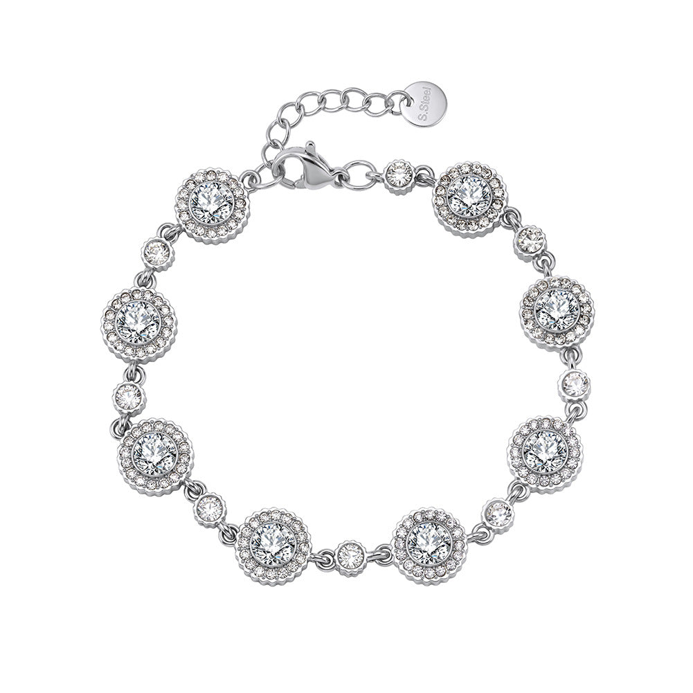 Stainless Steel Clear CZ Halo Station Bracelet, Large Round Halo Zirconia with Small Accent Stone Bracelet