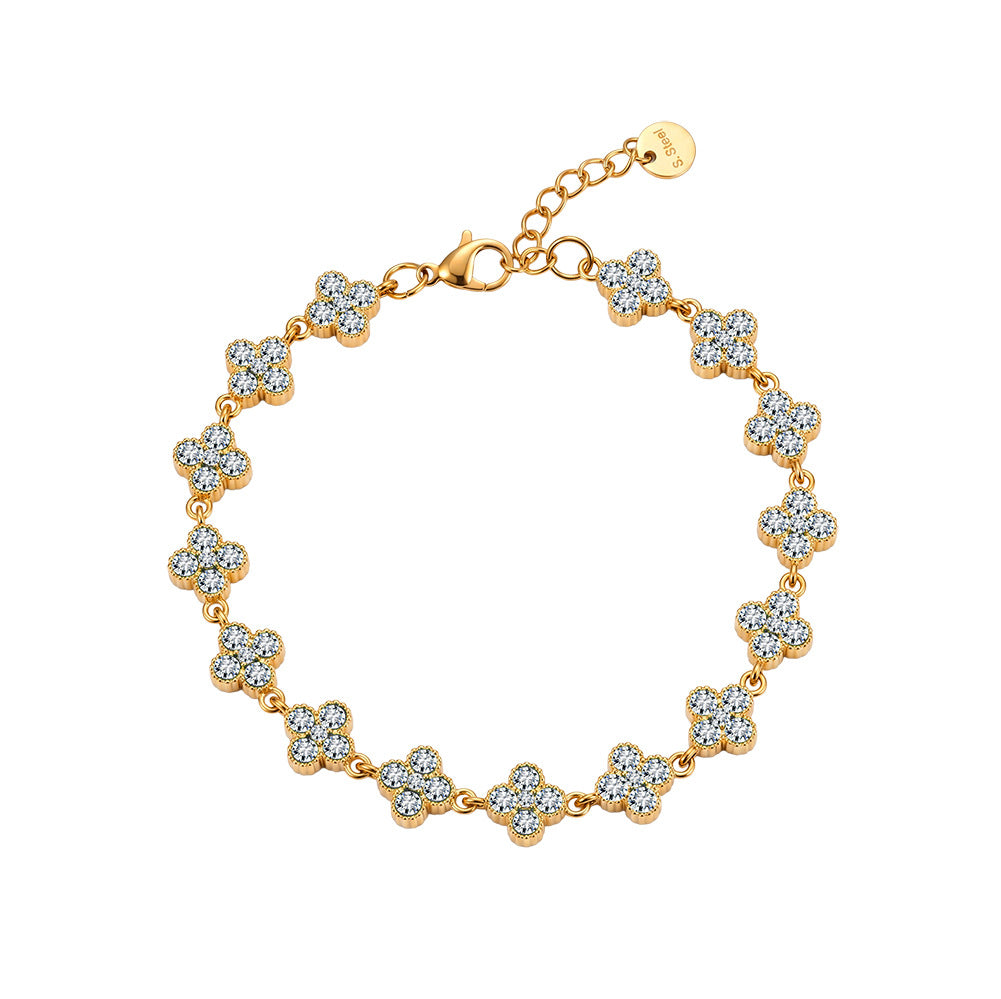 Stainless Steel Pave CZ Four Leaf Clover Bracelet, Full Paved Clear Zirconia Clover Station Bracelet
