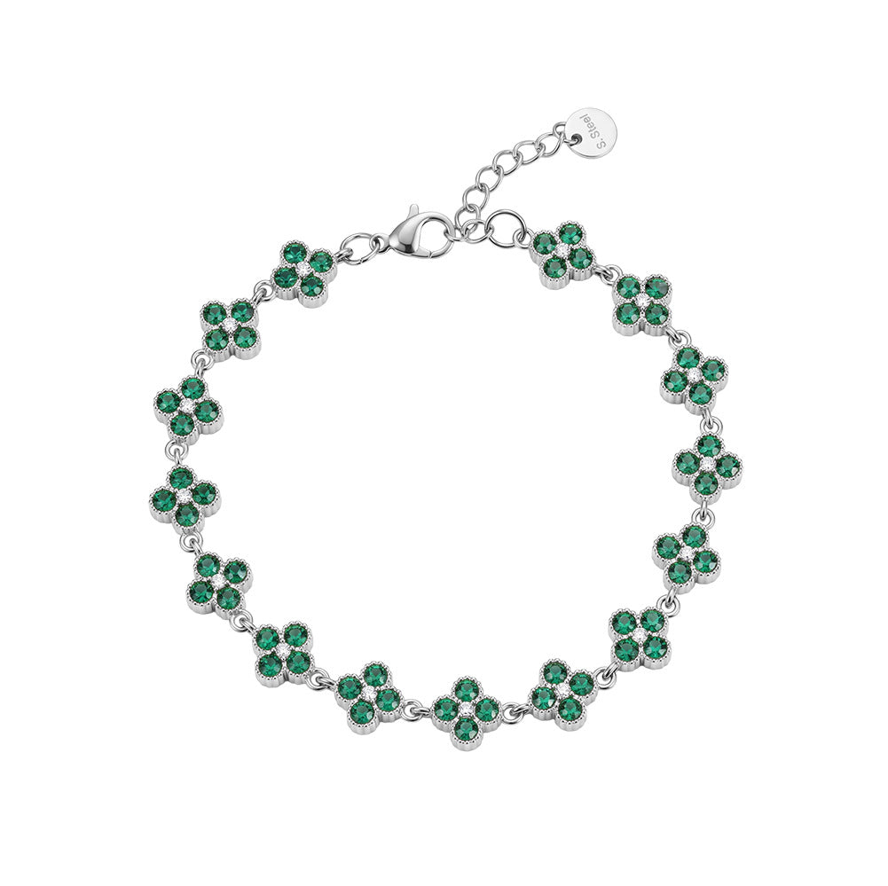 Stainless Steel Green CZ Four Leaf Clover Station Bracelet, Emerald Tone Clover Charm Adjustable Bracelet