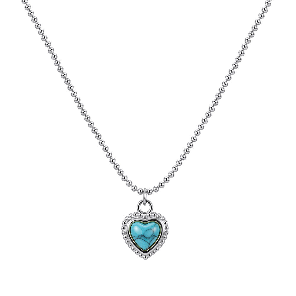 Stainless Steel Heart Turquoise Beaded Ball Chain Necklace, Heart Shaped Turquoise Stone with Natural Cracked Texture and Beaded Silver Border