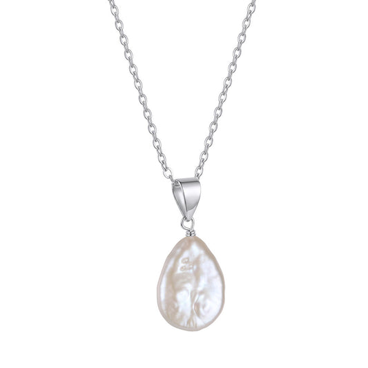 S925 Sterling Silver Teardrop Baroque Pearl Pendant Necklace, Natural Organic Shaped Freshwater Pearl with Smooth Lustrous Surface