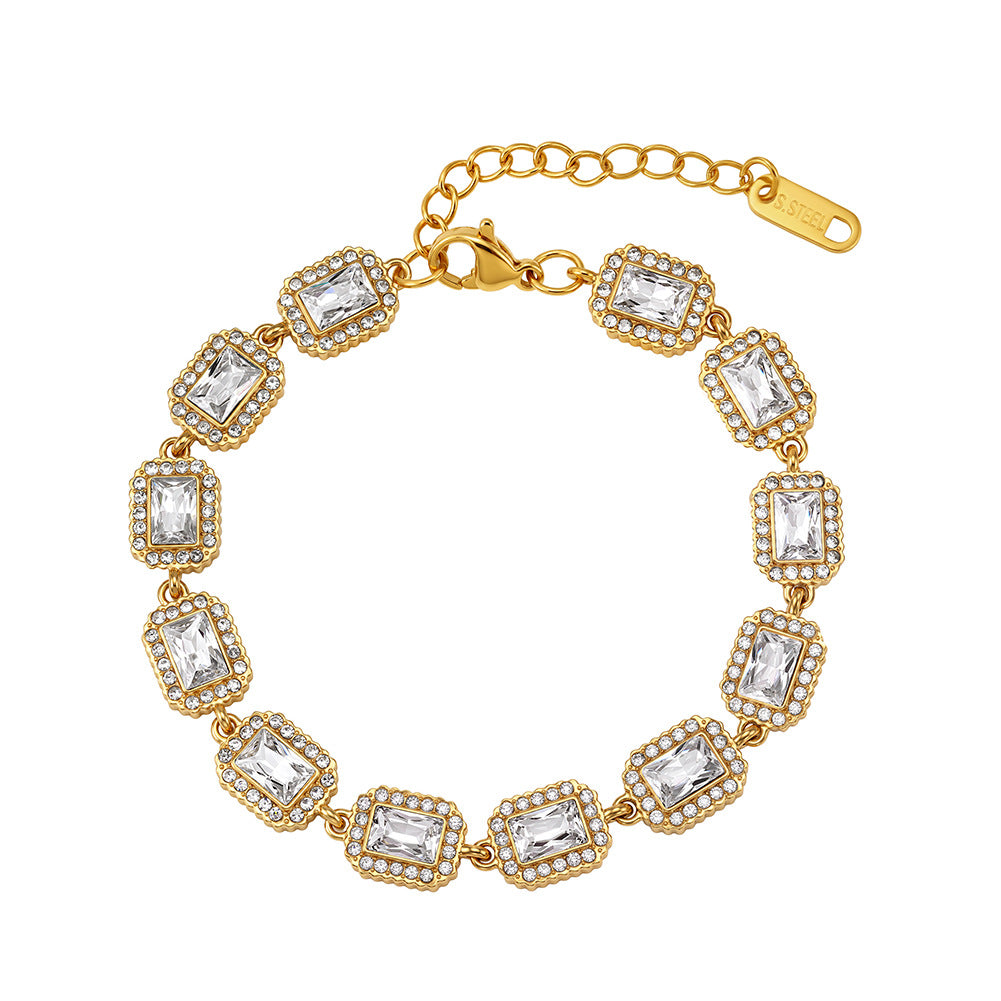 Stainless Steel Rectangle CZ Halo Link Bracelet, Emerald Cut Clear Cubic Zirconia Station Adjustable Bracelet