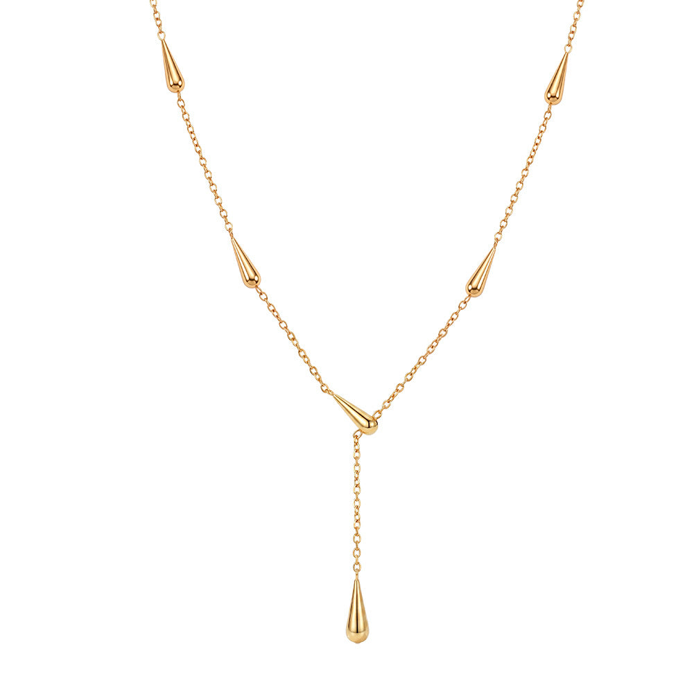 Stainless Steel Teardrop Y Drop Necklace, Multi Polished Teardrop Charms Station Y-Shaped Pendant Necklace on Dainty Cable Chain