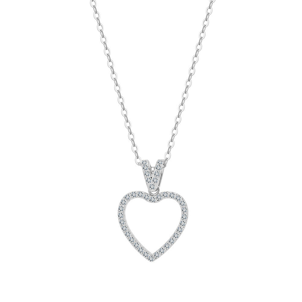 316 Stainless Steel Open Hollow Heart Necklace, Full Paved Sparkling Cubic Zirconia Outline, Dainty V-shaped CZ Paved Bail, Thin Cable Chain