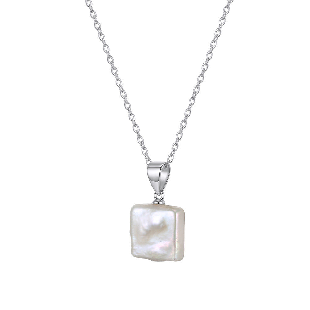 S925 Sterling Silver Square Baroque Pearl Pendant Necklace, Large Flat Square Freshwater Pearl with Soft Rainbow Iridescence
