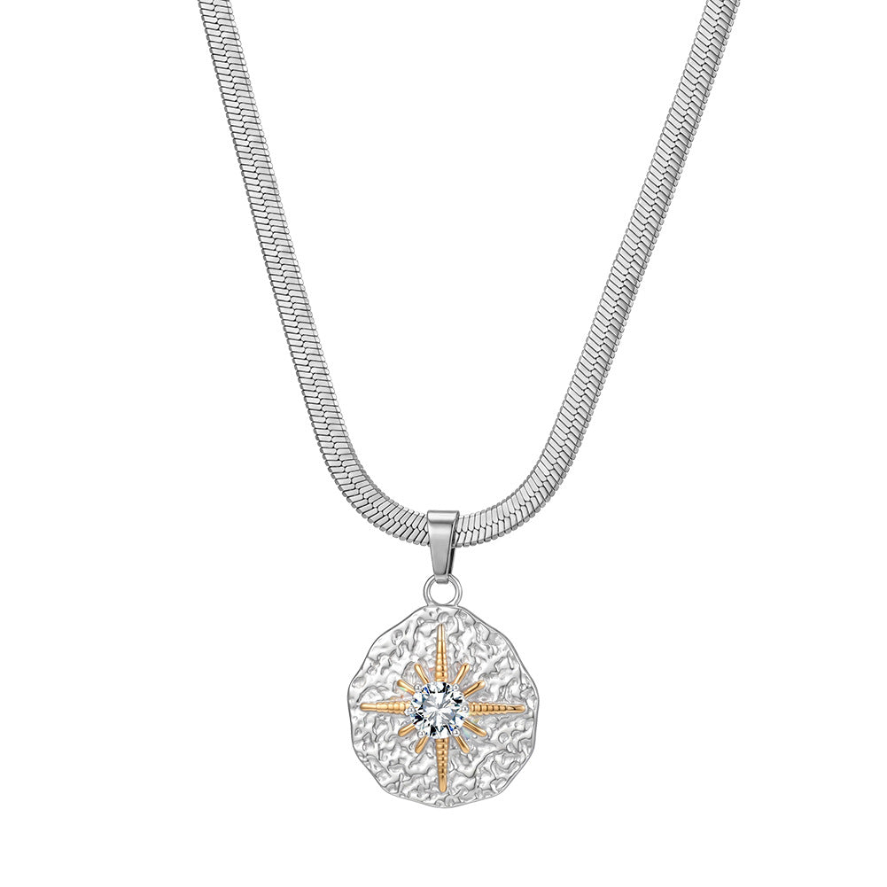 Stainless Steel Two-Tone North Star Medallion Necklace, Hammered Textured Round Disc Pendant with Gold Accent Star and Central CZ, Flat Snake Chain