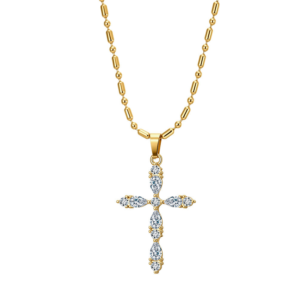 Stainless Steel Marquise CZ Cross Necklace, Marquise Cut CZ Stone Cross Pendant, Mixed Ball and Tube Beaded Station Chain