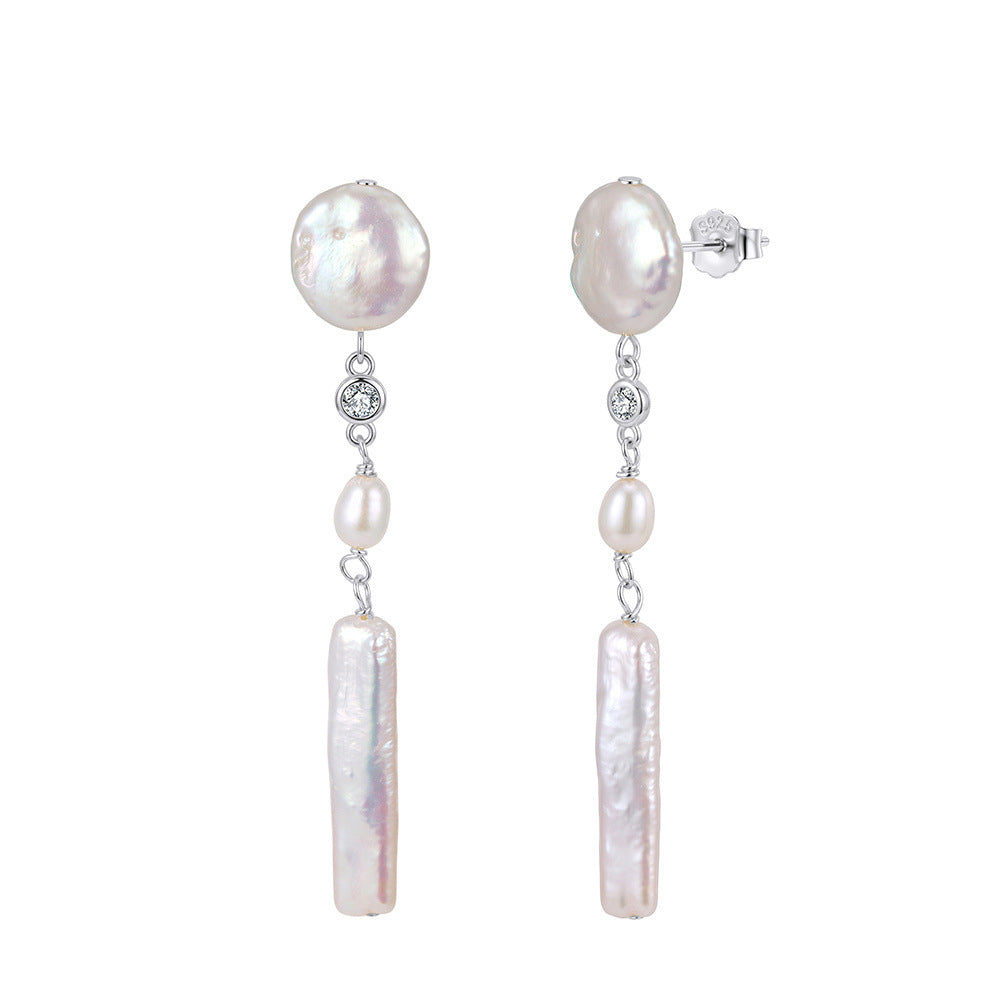 S925 Sterling Silver Multi-Shape Baroque Pearl Long Drop Earrings, Coin Pearl, Rice Pearl and Biwa Stick Pearl with Iridescent Luster
