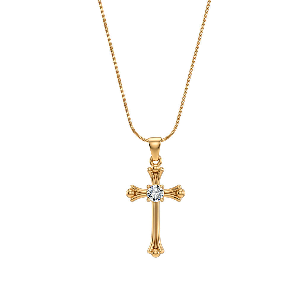 Stainless Steel Vintage CZ Cross Necklace, Retro Ornate Cross with Central Round Cubic Zirconia, Classic Thin Snake Chain