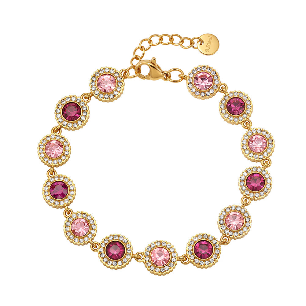 Stainless Steel Pink and Magenta Two-Tone Round CZ Halo Bracelet, Sunflower Halo Cubic Zirconia Bracelet