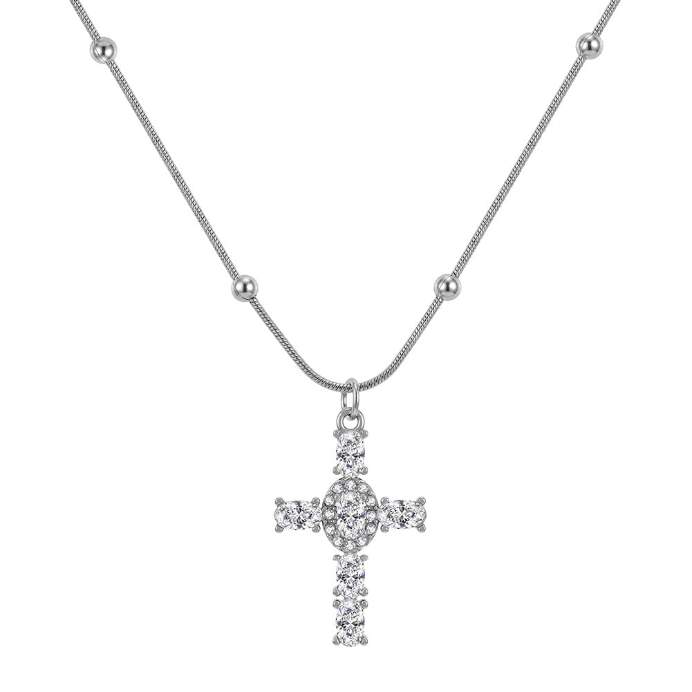 Stainless Steel Paved CZ Cross Necklace, Fully Paved Round Cubic Zirconia Cross Pendant, Beaded Snake Chain with Round Ball Station Accents