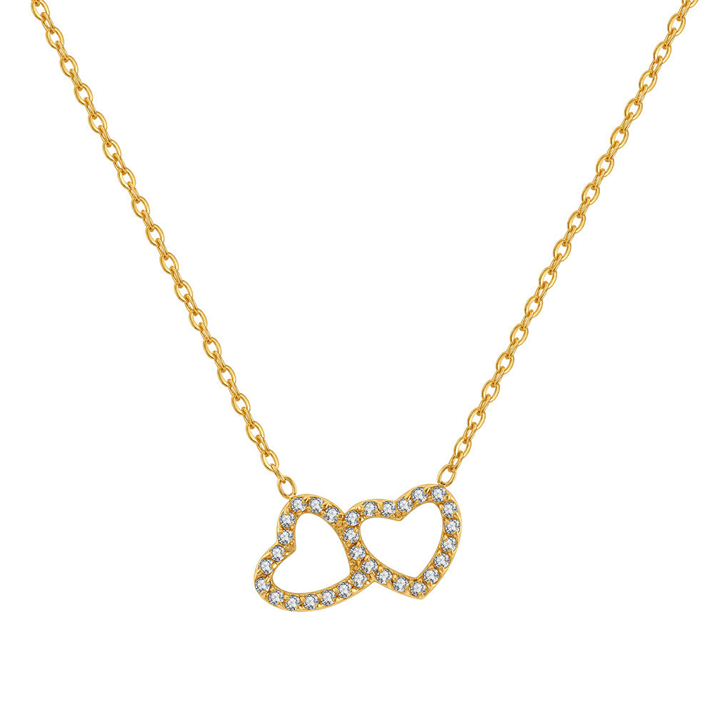 Stainless Steel Interlocking Double Heart Necklace, Two Overlapping Hollow Hearts Fully Paved with Shiny Clear Cubic Zirconia, Romantic Linked Heart Pendant