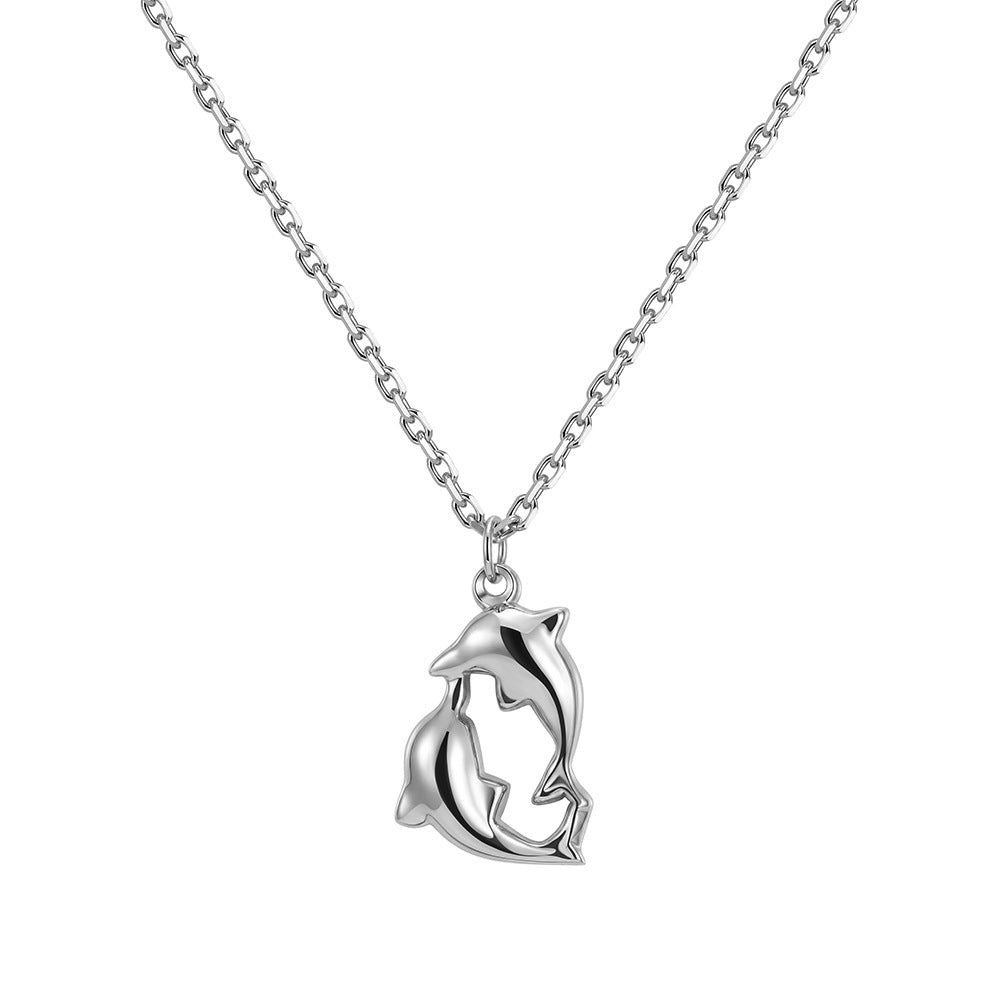 Stainless Steel Double Dolphin Pendant Necklace, Polished Intertwined Twin Dolphin Charm, Minimalist Ocean Animal Necklace