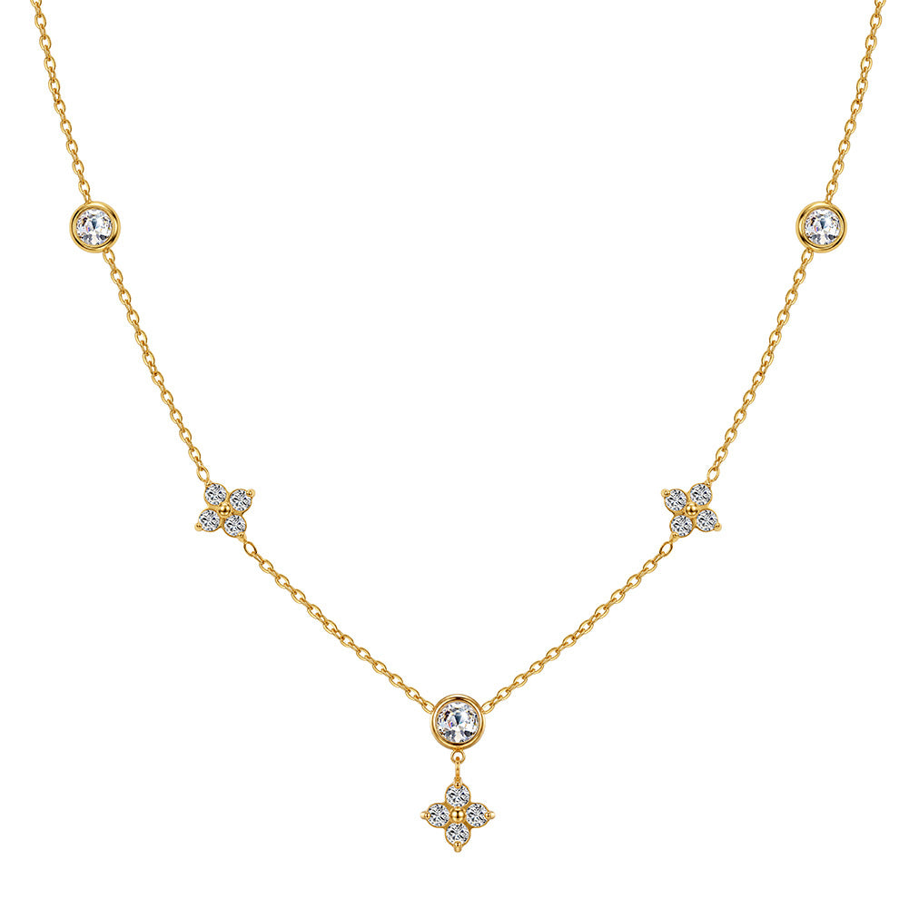Stainless Steel Four Leaf Clover Station Necklace, Three Paved CZ Clover Charms and Round Bezel Set CZ Stations on Delicate Cable Chain