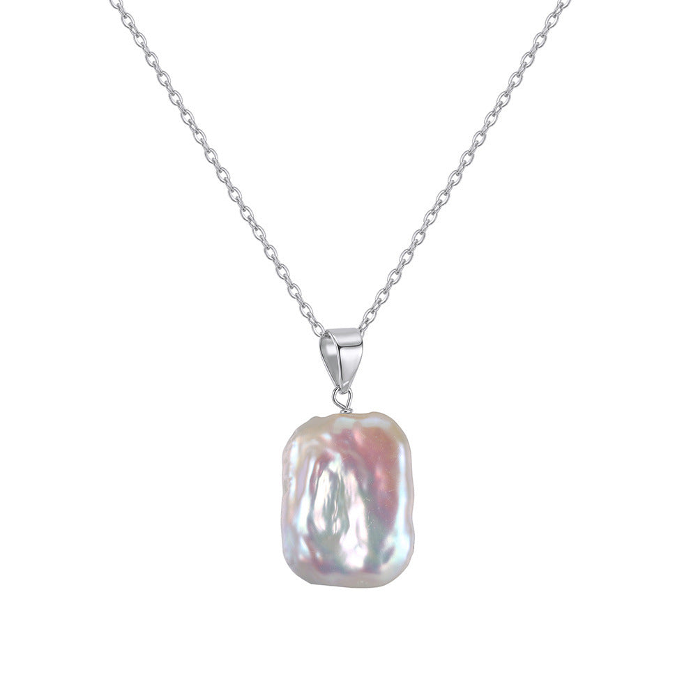 S925 Sterling Silver Irregular Rectangle Baroque Pearl Pendant Necklace, Large Biwa Freshwater Pearl with Glossy Colorful Pearl Sheen