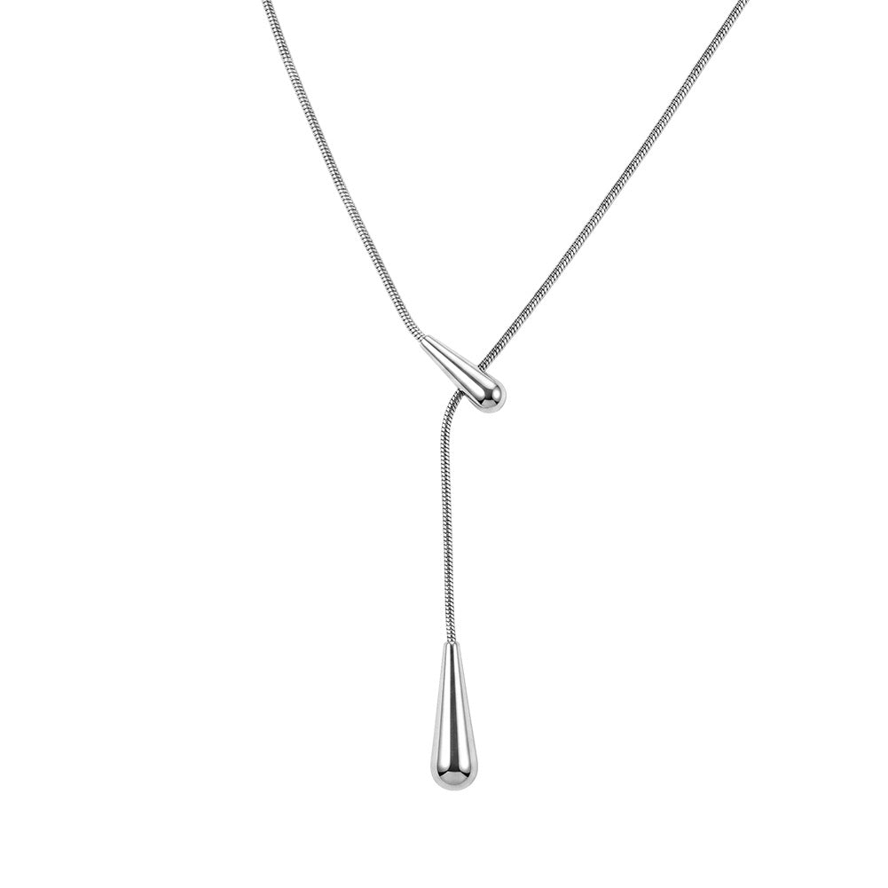 Stainless Steel Sliding Teardrop Lariat Necklace, Adjustable Y-Style Lariat with Two Glossy Teardrop Charms on Slim Snake Chain