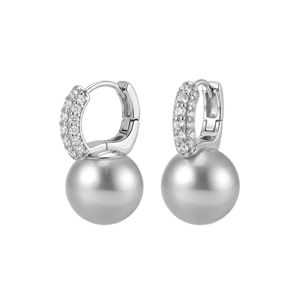 S925 Sterling Silver Huggie Hoop Pearl Earrings, Big Smooth Round Pearl with Bright Silky Luster Dangling from Pave Zircon Hoop