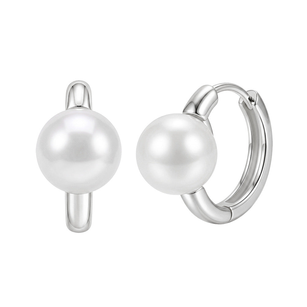S925 Sterling Silver Single Pearl Huggie Hoop Earrings, Plump Round Pearl with Even Natural Lustre