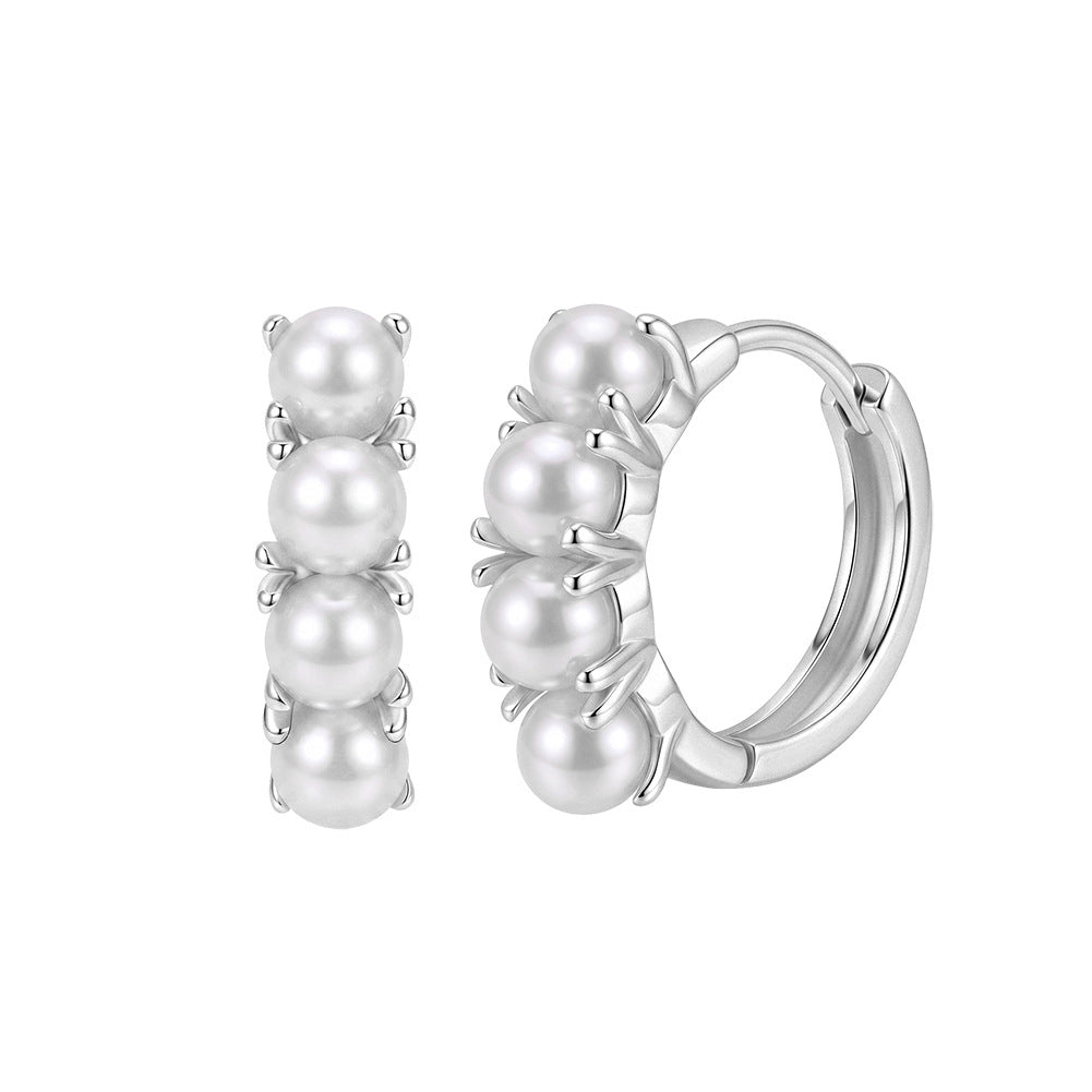 S925 Sterling Silver Grey Pearl Huggie Hoop Earrings, Four Graduated Round Pearls with Muted Smoky Luster