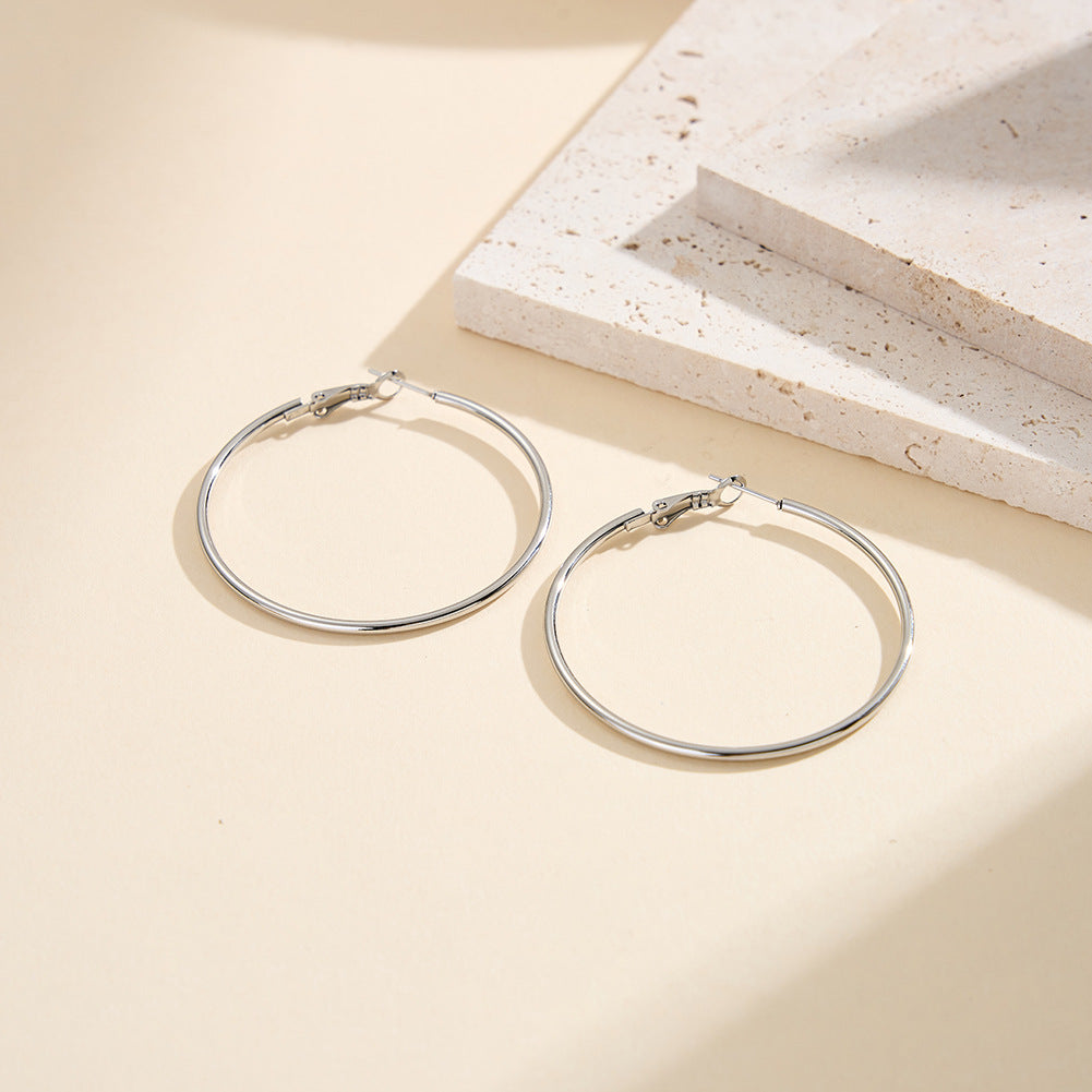 Silver Tone Stainless Steel Thin Wire Large Round Hoop Earrings