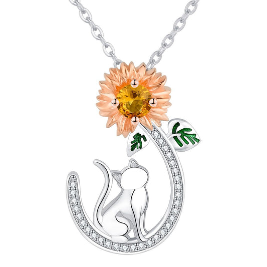 Copper With Silver Plated Flower Cat Pendant Necklace