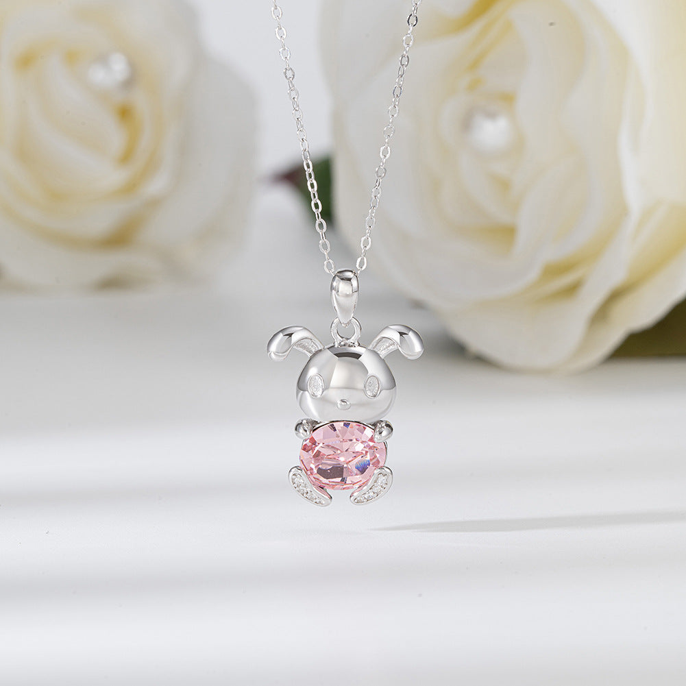 Silver Stainless Steel Cute Rabbit Pendant Necklace, Oval Pink CZ Inlaid Cartoon Bunny Charm Cable Chain