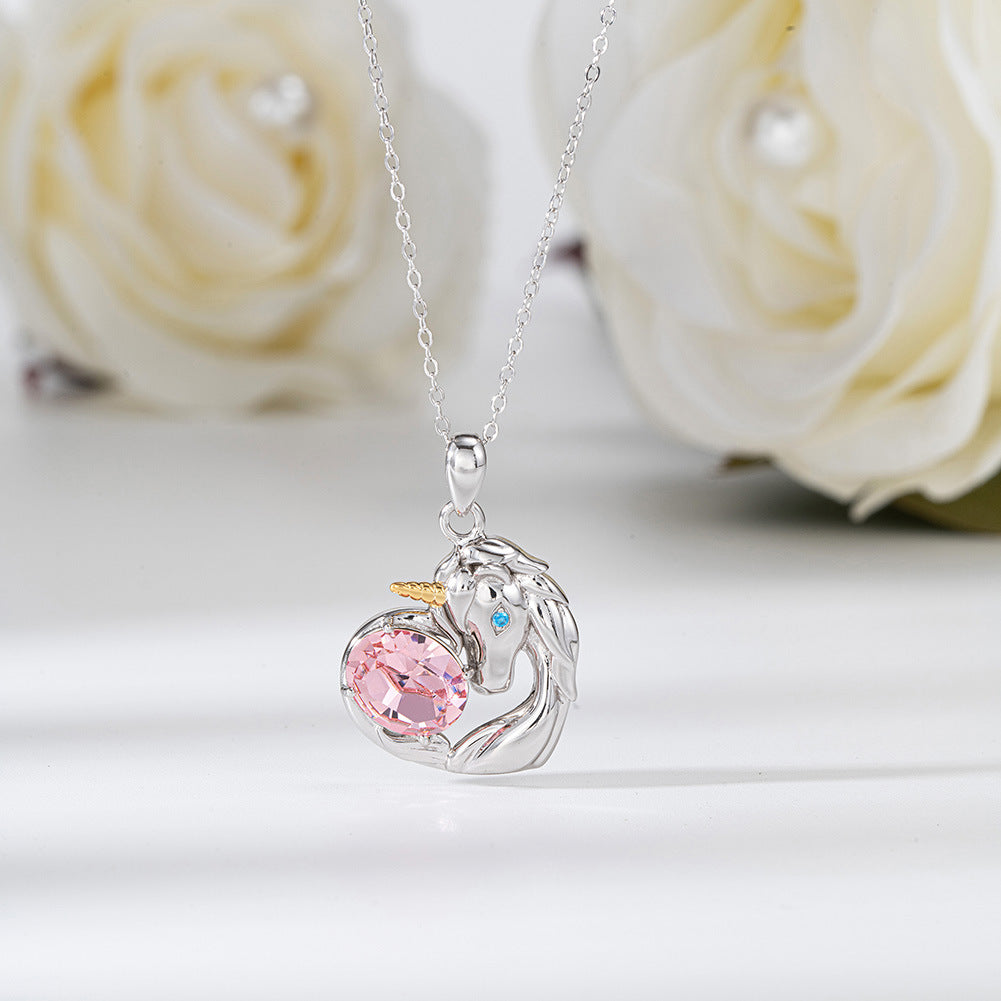 Silver Stainless Steel Unicorn Heart Pendant Necklace, Large Oval Pink CZ & Tiny Blue Accent Stone Unicorn Charm