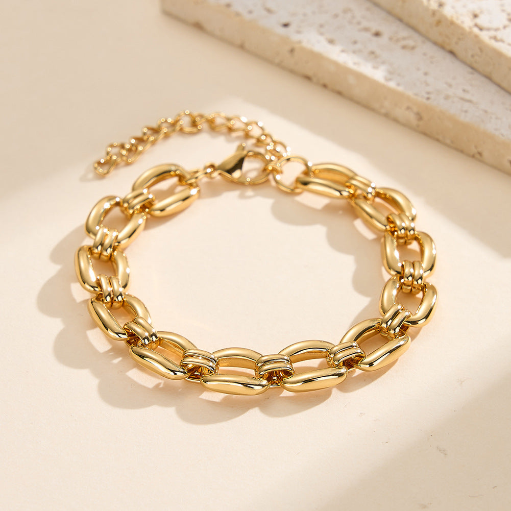 Gold Plated Stainless Steel Large Oval Link Bracelet, Thick Interlocked Elongated Chain Links, Adjustable