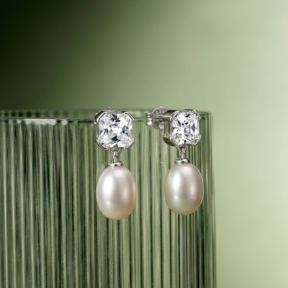 S925 Sterling Silver Cushion Cut CZ & Oval Freshwater Pearl Drop Earrings, Sparkling Square Cubic Zirconia Teardrop Pearl Earring Studs