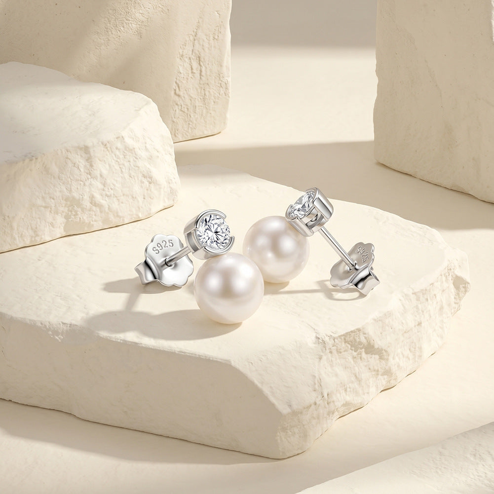 S925 Sterling Silver Half Bezel Round CZ & Large Lustrous Round Freshwater Pearl Stud Earrings for Women