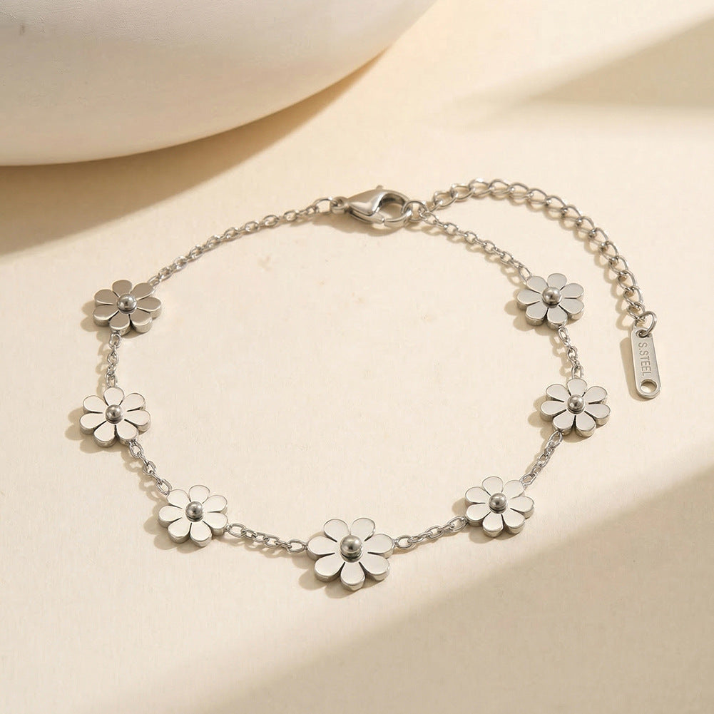 Gold Plated Stainless Steel Daisy Flower Bracelet, Multiple Daisy Charms on Thin Cable Chain, Adjustable