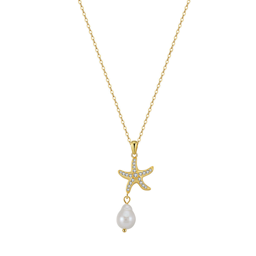 Starfish Pendant Freshwater Baroque Pearl Necklace, Sparkling CZ & Irregular Lustre Pearl Silver Chain