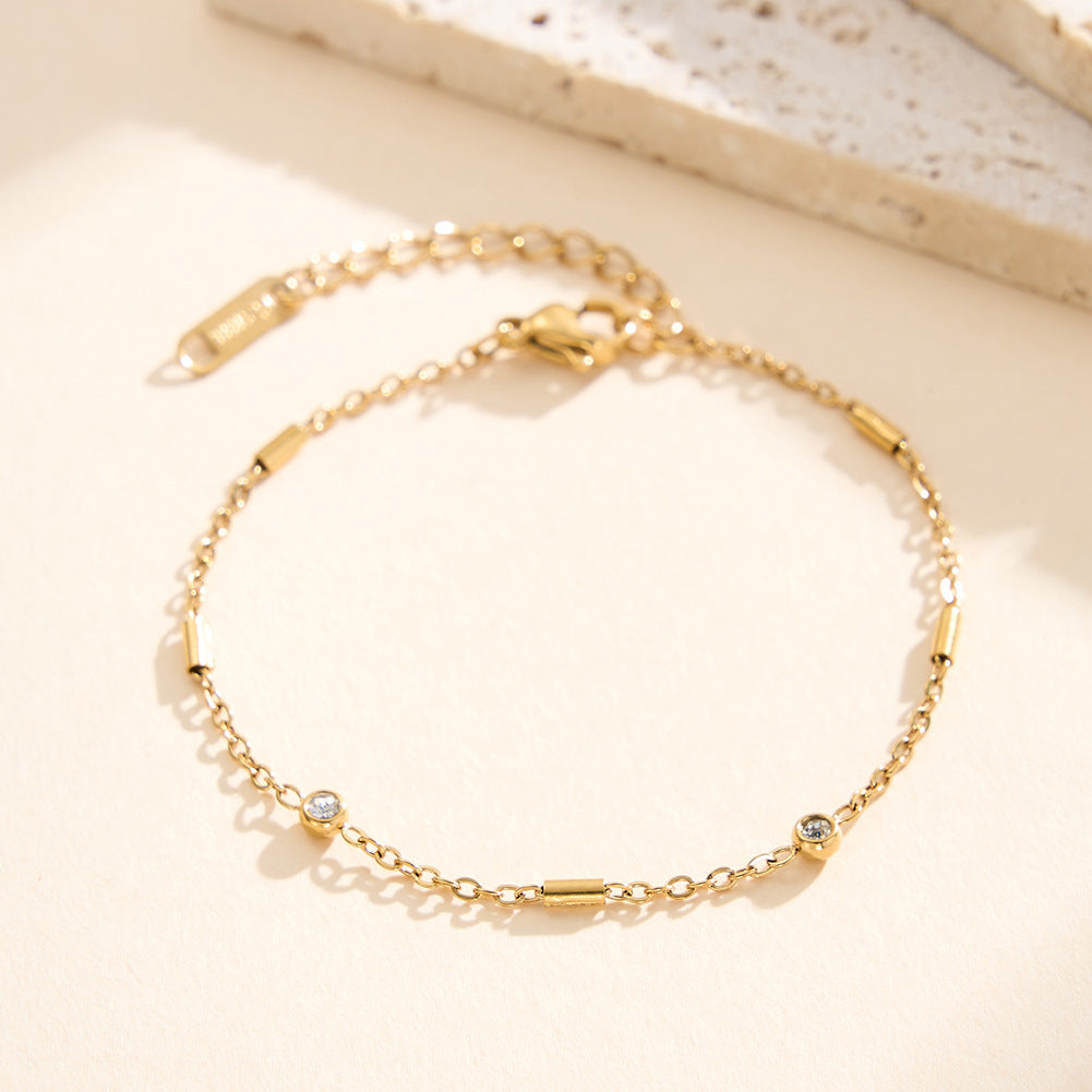 Gold Plated Stainless Steel Delicate Chain Bracelet, Tiny Tube Beads & 2 Round CZ Stones, Adjustable Extension Chain