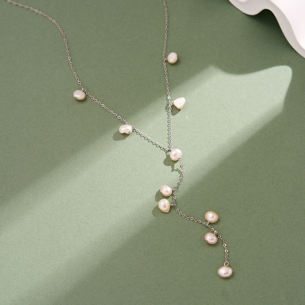 Silver Stainless Steel Multi Baroque Pearl Y Drop Necklace, Dangling Irregular Pearl Lariat Necklace