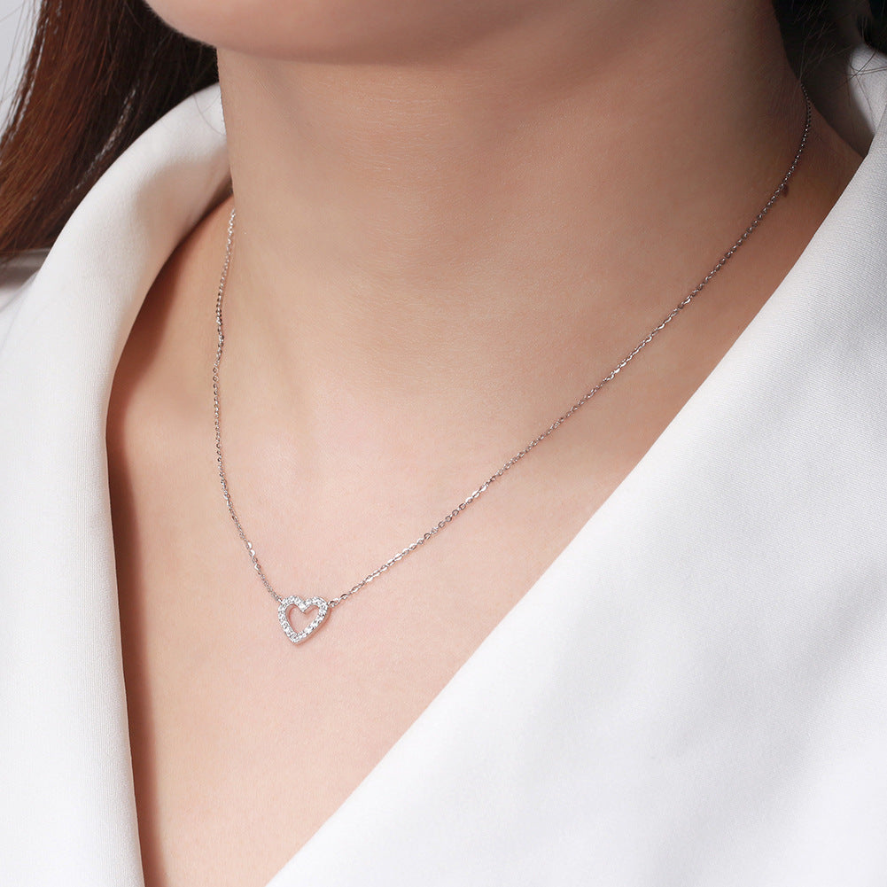 Gold Stainless Steel Open Hollow Heart CZ Necklace, Pave Clear Cubic Zirconia Outline Heart Pendant on Dainty Cable Chain