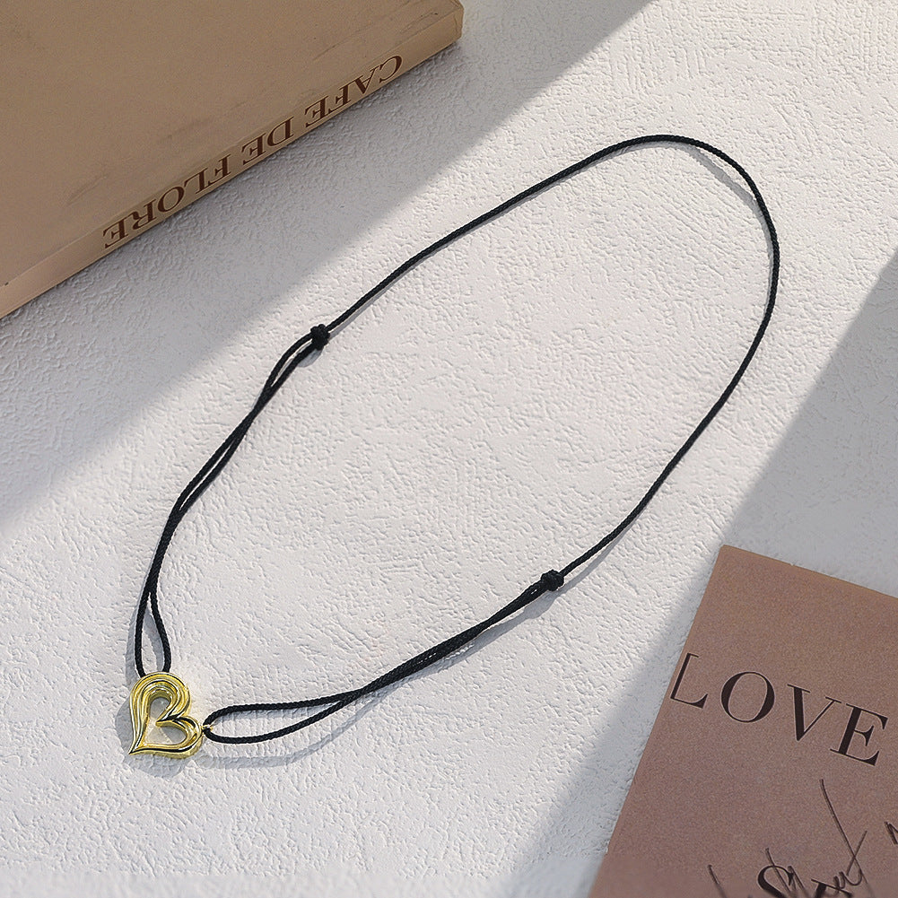 Gold Stainless Steel Hollow Heart Cord Necklace, Grooved Layered Outline Heart Pendant Black Rope Chain