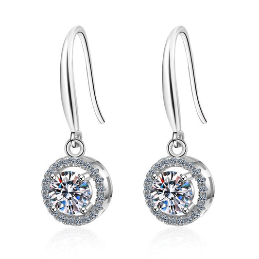 925 Sterling Silver Halo Round Moissanite Hoop Earrings