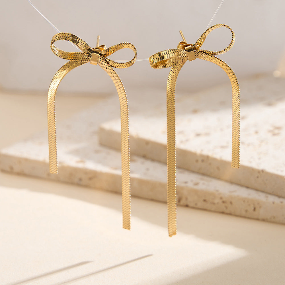 Silver Stainless Steel Snake Chain Bowknot Long Tassel Drop Earrings