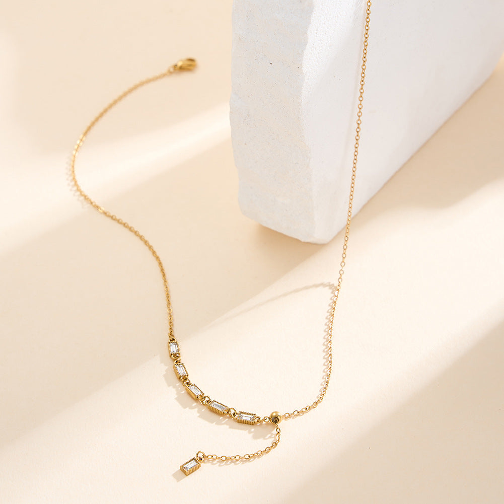 Gold Stainless Steel Baguette CZ Lariat Y Necklace, Vertical Rectangle Baguette Cut Zircon Station Adjustable Drop Chain